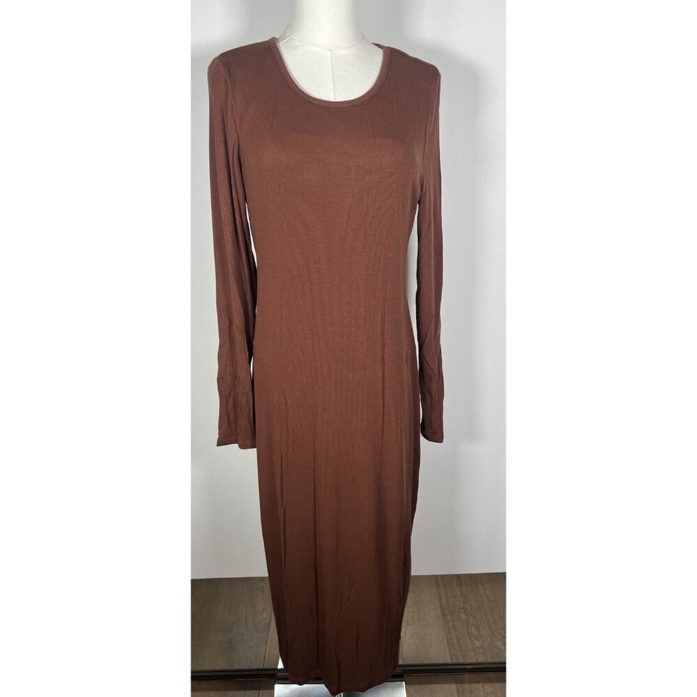 Quince tencel ribbed knit long sleeve brown dress minimalist L travel comfy